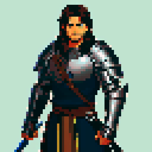 Knight with Dark Brown Hair and stubble. He has a longsword slung over his shoulder.