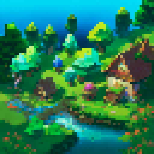 tall vibrant trees, whimsical mushrooms, cozy houses, colorful flowers, pixelated landscapes, enchanting atmosphere, immersive world, nostalgic art style, charming scenery, intricate designs, lively flora and fauna, landscape portrait