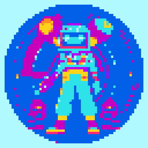 Alien character with a futurisic headdress, glowing eyes, and hieroglyphic tattoos, holding a raygun, standing in a vibrant galaxy filled with colorful planets and stars, surrounded by futuristic UFOs and ancient Egyptian and Sumerian inspired architecture, invading earth, loveing bitcoin very very much, all depicted in high quality pixel art using the retro sRGB color palette, retrowave style, showcasing intricate details and bold, stylized compositions