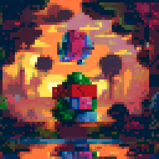 A towering wubbox emits a vibrant, rainbow-colored aura amidst a lush, forested landscape rendered in a retro, 8-bit pixel art style with a sRGB color scheme