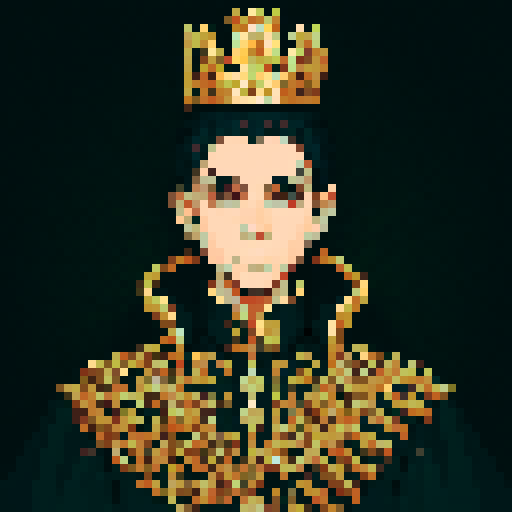 prince, regal, metall crown, black crown, majestic, sharp features, golden accents, royal robe, intricate embroidery, game icon, 32x32 pixel art, sRGB, skill art, close up, portrait