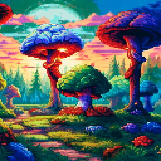 fantasy mushroom hut with fairies flying, whimsical pastel-colored leaves, light shining through trees, landscape
