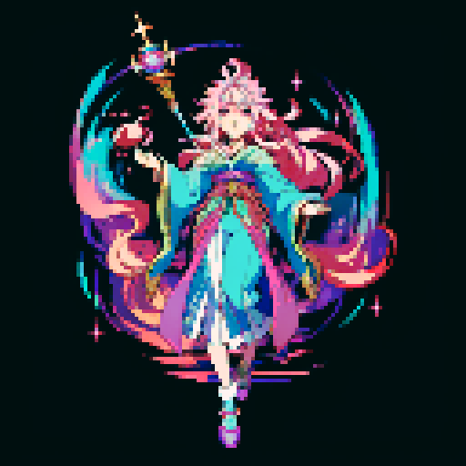 legendary anime girl wizard, long flowing hair, vibrant and dynamic colors, glowing magical staff, intricate and ornate robes, intense and focused expression looking to the right, not wearing shoes, sparkling and shimmering background, detailed and precise pixel art

