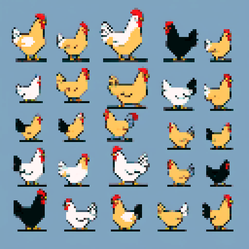 several sprites. different chicken breeds. flat vector modern cross stitch style