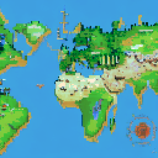 Create a pixel Art World Map with the corresponding biomes (like mountains, tundra, desert, meditteran etc..)