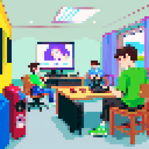 Friends sitting in a room together, all of them wearing street wear, one boy playing on his phone, another boy playing video games, and the final boy sitting in front of a computer. the computer he uses has musical equipment surrounding it and large speakers to playback sound