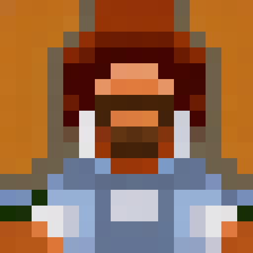 Bob Ross, the afro-haired painter, stands by his easel, surrounded by a serene forest backdrop, painting a 16x16 pixel portrait with delicate brushstrokes and vibrant colors.