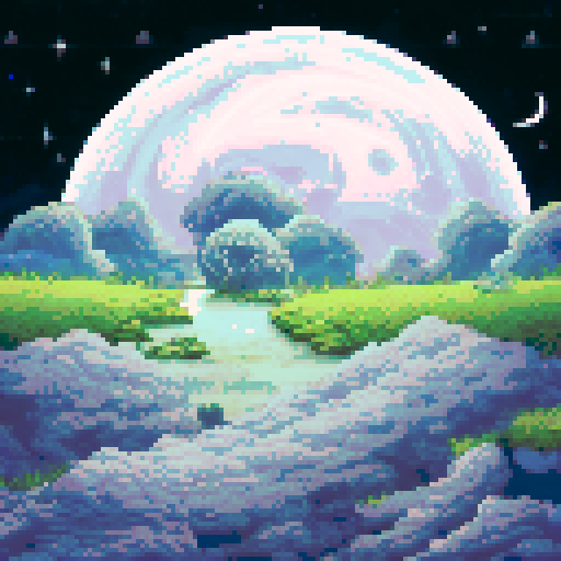 glowing crescent moon in the black sky, surrounded by glowing stars, floating above a grassy field