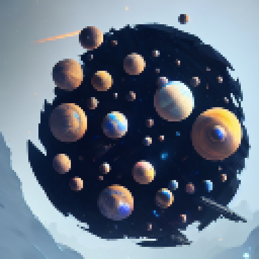 Glimmering stars, colossal planets, and sleek spaceships hover above a mystical landscape in this epic fantasy RPG-inspired image.