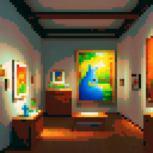 a cozy art gallery with several paintings in view