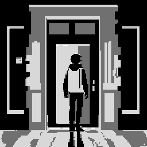 dark silhouette standing figure infront of door, vibrant colors, pixelated details, glowing door, luminous aura