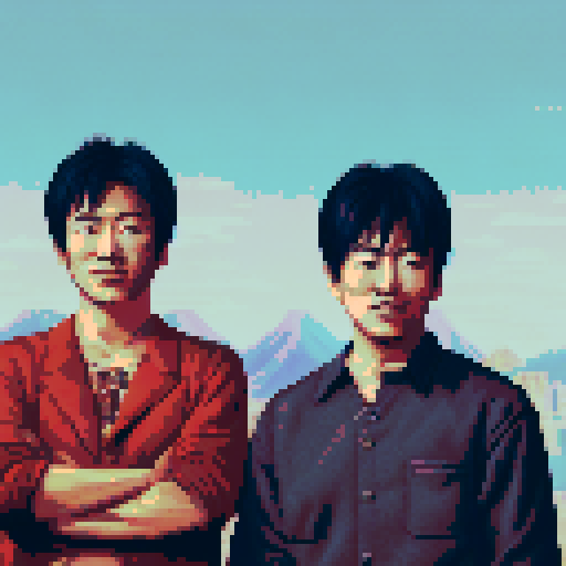 Japanese men, pixelated figures, vibrant colors, sRGB palette, intricate pixel art details, traditional clothing, serene background, peaceful landscape