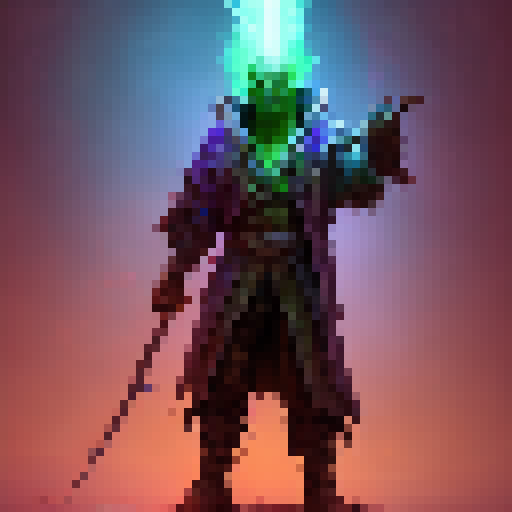 an orc warlock in a tarnished robe, holding a glowing staff
