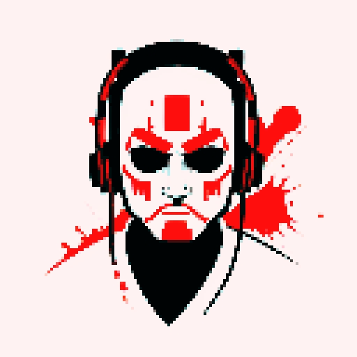 A samurai mask with DJ headphones and blood, minimalist aesthetics