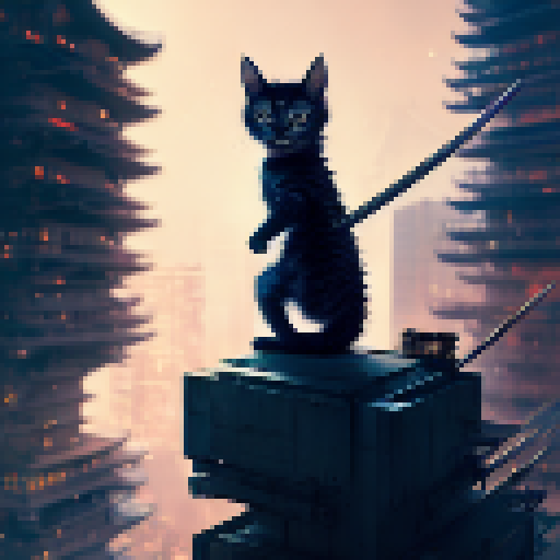 Fierce samurai kitten-ninja perched atop a towering Japanese skyscraper, wielding a katana with neon lights and a backdrop of bustling city lights, rendered in a dynamic anime style.