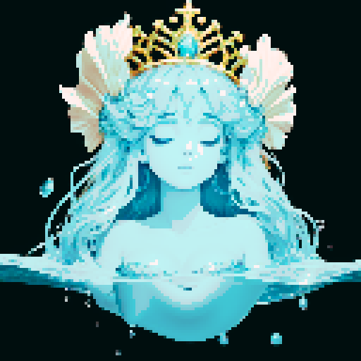 Create a close-up image of a mermaid with a crown in a western classical style, with her face partially submerged underwater. Half of her face is above the water's surface, revealing her beautiful features. The crown should have an ethereal, shimmering quality, adding to her majestic presence. 