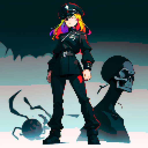 Full-body image, Female nazi general with stern expression, wearing a black uniform adorned with a skull, black hat with a skull, broad shoulders, muscular, standing in a pixel art depiction with sharp lines and vibrant sRGB colors