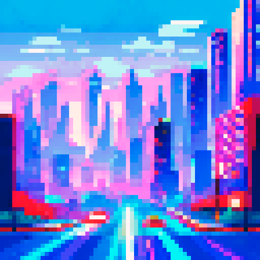 bmw cars, pixelated, vibrant colors, retro video game style, sRGB, pixel art, detailed shading, urban cityscape, futuristic skyscrapers, bustling streets, neon lights, busy traffic, sleek designs, speed and motion, dynamic angles, geometric shapes, low-poly architecture, vibrant backgrounds, energetic atmosphere, high contrast, sharp edges, digital aesthetics, futuristic technology