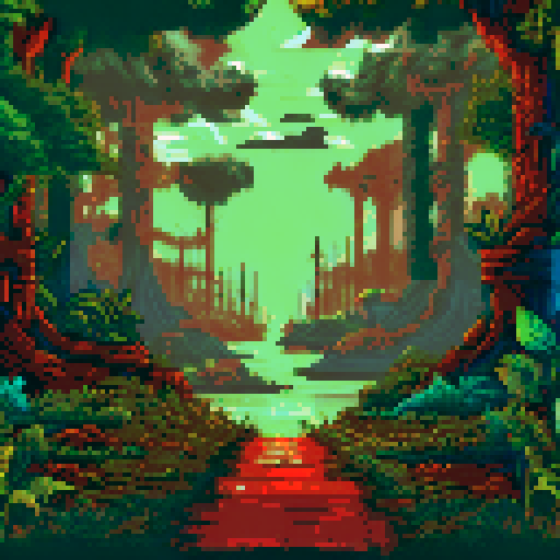 post-apocalyptic factory, hidden in the woods, abandoned machinery, rusted pipes, overgrown vines, decaying buildings, shattered windows, eerie silence, nature reclaiming, vibrant pixelated colors, sRGB palette, atmospheric landscape
