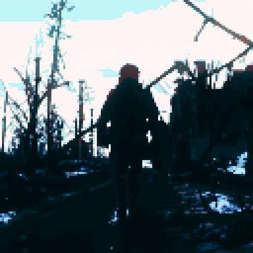 Snow covered ruined city waged by war, soldier walking towards building