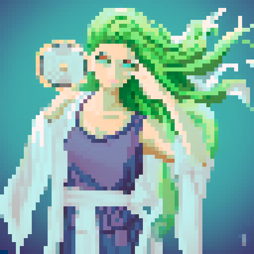 green hair, white clothes, greek woman