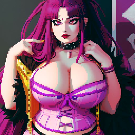 Plus size busty goth girl, with long purple hair, eyeliner, red lipstick. wearing a spiked collar. Posing for a portrait. vibrant sRGB colors, pixel art, edgy aesthetic