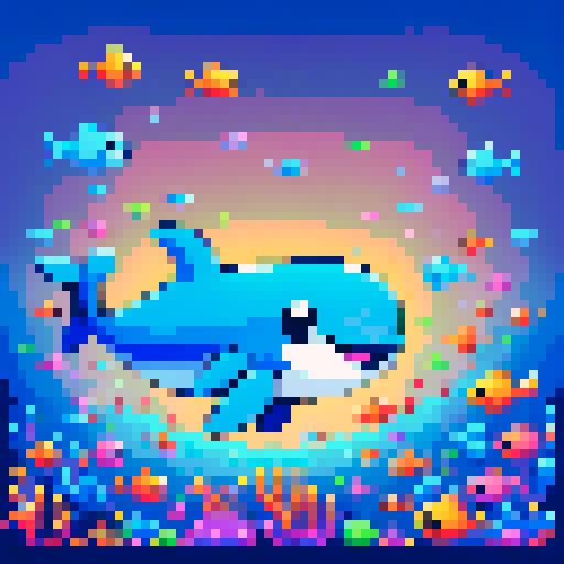 cute, cartoon whale, pixel art, sRGB, vibrant colors, playful, underwater scene, smiling, joyful, surrounded by colorful fish, bubbles floating around, blue ocean background