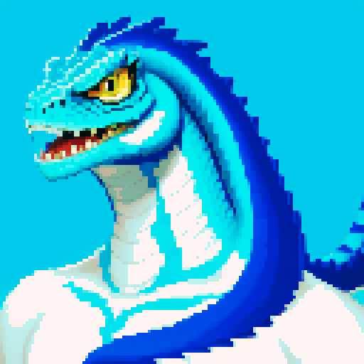 blue and white basilisk, pixel art, sRGB