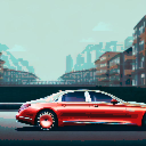 Photorealistic whole Mercedes-Benz Maybach, three-quarter view, right front wheel, clean background, sRGB colors, pixel art style