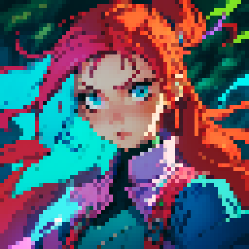 Pixelated characters with unique variations: a vibrant, electric blue-haired character with a mischievous expression, a fiery red-haired character with a determined gaze, a serene green-haired character with flowing locks, and a mysterious purple-haired character with piercing eyes