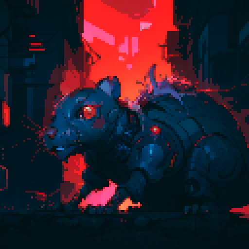 rat cyborg, metallic limbs, glowing red eyes, circuitry embedded in fur, futuristic city backdrop, neon lights, sharp fangs, pixelated aesthetic