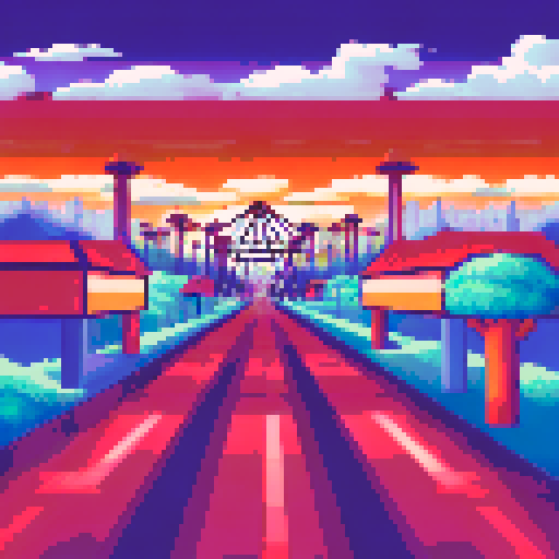 wide shot amusement park, whimsical carousel, towering roller coaster, ferris wheel in motion, pixel art style