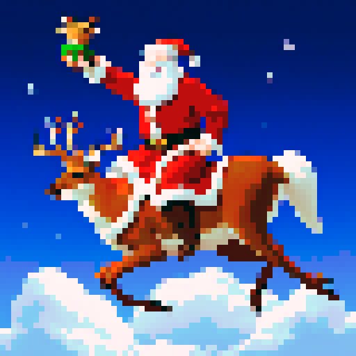 Santa claus riding the deer. He rides the deer in the sky and there are magic lights in the sky.