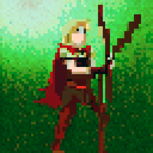 archer drawing back bowstring, fiery arrows, forest backdrop, determined expression, leather armor, pixelated feathers on arrow fletchings.