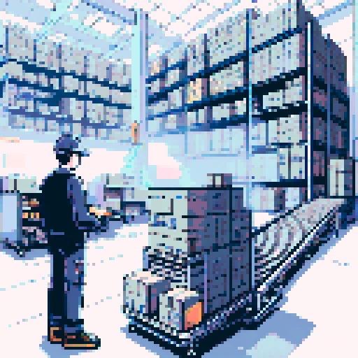 warehouse workstation with a conveyor belt and trolley filled with boxes, pixelated details, vibrant sRGB colors