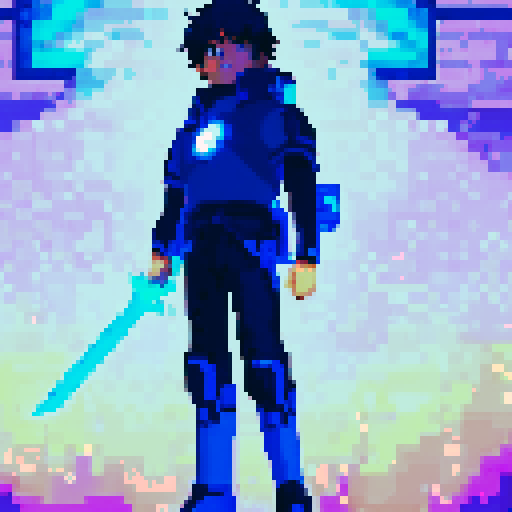 young hero with blue glowing cyber sword shonen with dark hair, astralite, anime game pixel art, A vibrant and colorful RPG-style scene with Super Nintendo graphics, featuring a 16-bit color palette and a resolution of 256x224 pixels, very detailed face, clear anime shonen style