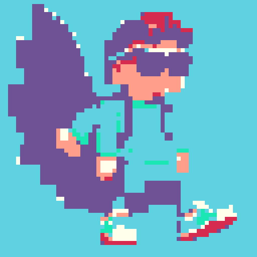 A cool pixel art of a full-body anthropomorphic cookie character with light blue wings, wearing casual clothes inspired by Nike or Adidas (without logos), and dark sunglasses. The character should be in a cool pose, with clean lines and a compact silhouette that is suitable for a sticker. The style should be in 32-bit with vibrant colors, and the background should be transparent.