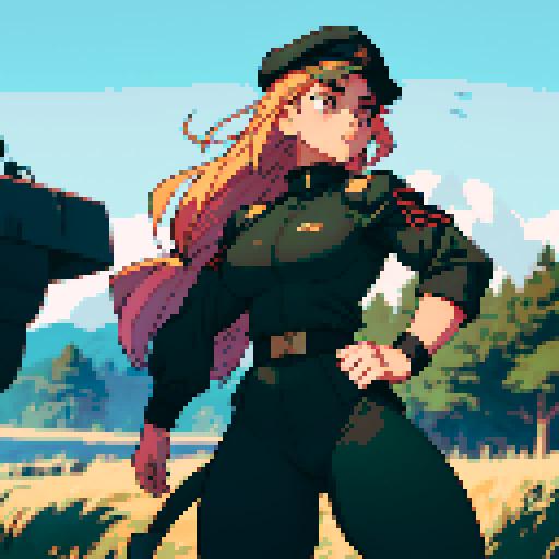 full-body image, muscle girl, female, thick biceps, big shoulders, big fists, muscular physique, thick waist, facing left, ready to fight, exaggerated proportions, black military uniform, black hat, military backdrop, sRGB, pixel art, army behind her, military behind her, army in background