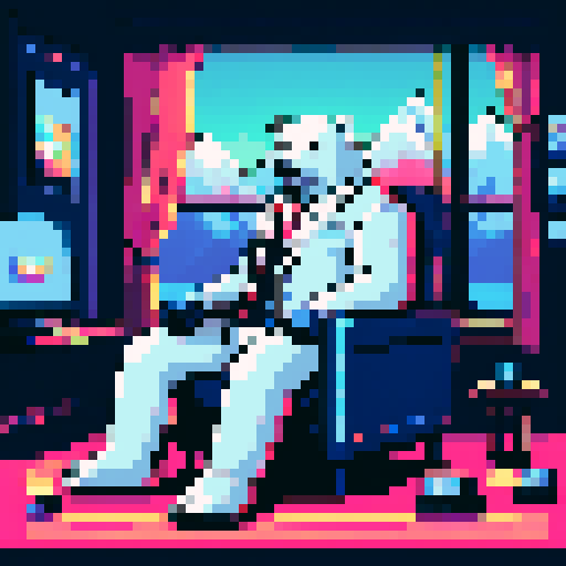 "An 8-bit pixel art of a wealthy polar bear in a high-tech mansion. The bear, in a suit and sunglasses, lounges on a sleek sofa surrounded by holographic displays, LED lighting, and smart glass walls. Crypto symbols glow on digital panels, and a workstation with trading charts highlights his success. A panoramic window reveals icy mountains, blending luxury and futuristic tech."