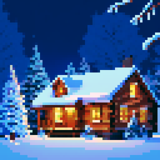 snow-covered cabin, surrounded by tall pine trees, smoke rising from the chimney, warm glow radiating through the frost-covered windows, icicles hanging from the roof, chimney bricks made of pixel art, cozy atmosphere, pixelated smoke wafting from the chimney, vibrant sRGB colors highlighting the snowy landscape