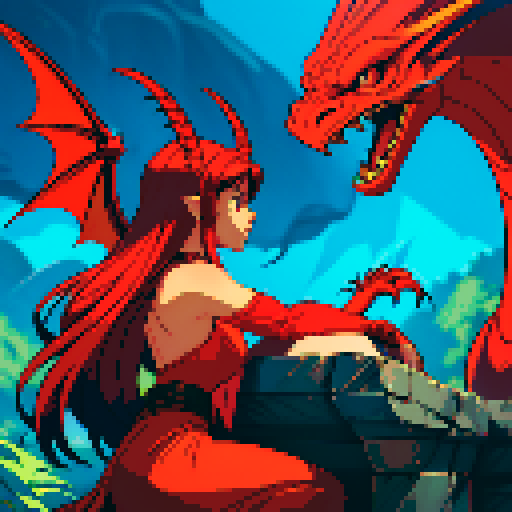 red dragon, vibrant red scales, fierce gaze, sharp claws, majestic wings, lounging lazily, shimmering pile of gold, intricate details, pixelated art style, sRGB color profile