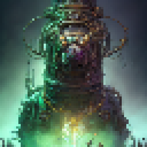 "Steampunk elder doctor, adorned in black and green, stands atop a towering brass machine, surrounded by swirling gears and steam, holding a glowing vial filled with elixir."