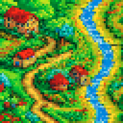 vibrant fields, rolling hills, quaint cottages, winding river, blooming flowers, lush trees, cobblestone pathways, distant mountains, clear blue sky