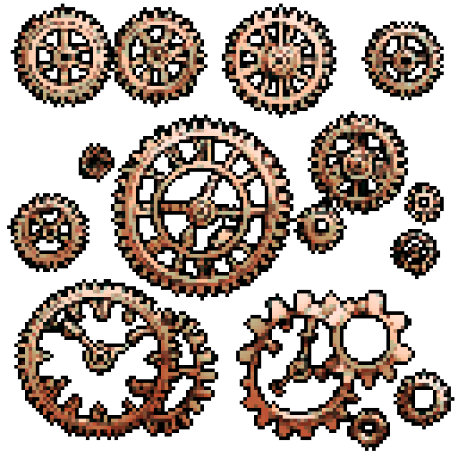 I want a copper gear that looks like it was made by a master clockmaker. It should have strange mechanical details that could interlock with each other. I also want this object usable an asset in a videogame, meaning only one object per image, outlined with a strong black stroke, on a solid-color background.