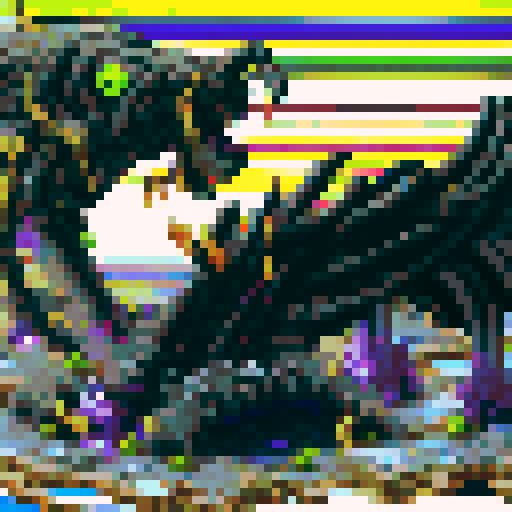 nakarkos sprite, menacing and towering, with eerie glowing eyes and skeletal fins, floating in a dark abyss surrounded by swirling purple mist, rendered in detailed and vibrant pixel art