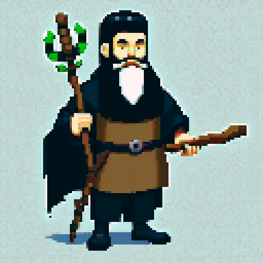 raven-like druid with beard, staff in hand