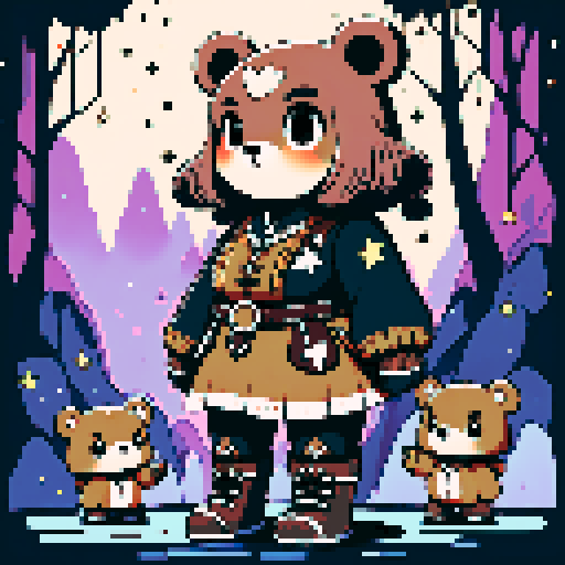 A graphic depiction of a chubby bear in retro 1995 anime style, chibi form, with expressive black eyes and brown fur, styled with long twin pigtails. Wearing magical clothes with intricate belts and patches. Background of a wild magic night with a dark waterfall and bright stars. Created Using: classic anime aesthetics, detailed magical garments, enchanting night setting, vivid portrayal, star reflections, dynamic composition, hd quality --ar 2:3 --v 6.0
