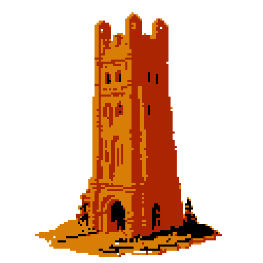 2d Red clay tower in an ancient english style. Old and crumbling but still upright. Usable as an asset (clear, thick lines and a white background). Put a black stroke around the composition