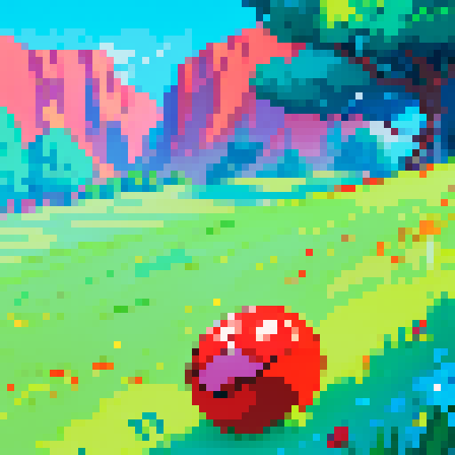 person wearing a vibrant red shirt, pressing a glowing turquoise video game button with excitement, surrounded by lush green grass and a clear blue sky, all depicted in a pixel art style with vivid sRGB colors