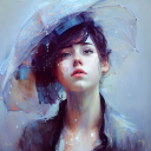 abstract concept art, art nouveau,impressionism,illustrious ,rainyday,umbrella 18 yo girl looking wet flower,black hair